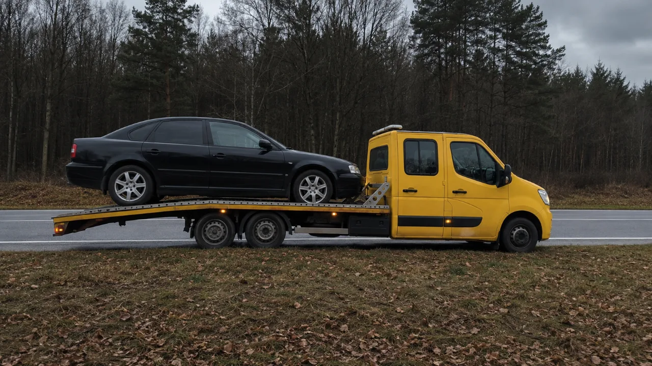 Sedan wciągnięty na platformę lawety – wymiana koła Pabianice, gdy brak zapasu