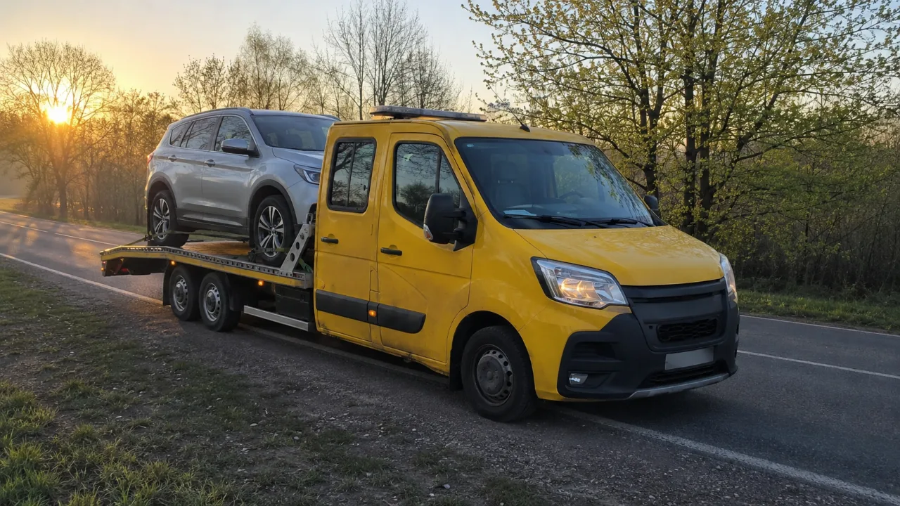 SUV załadowany na platformę lawety DARO-HOL o świcie – pomoc drogowa Pabianice