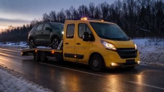 Laweta z włączonym kogutem przy aucie na nocnym poboczu – dowóz paliwa Pabianice