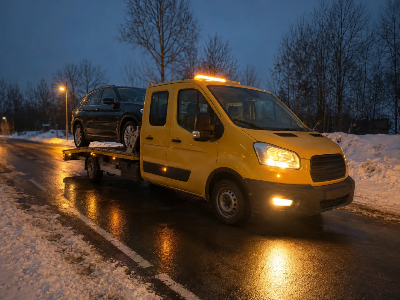 Laweta pomocy drogowej przy unieruchomionym aucie nocą – rozruch akumulatora Pabianice