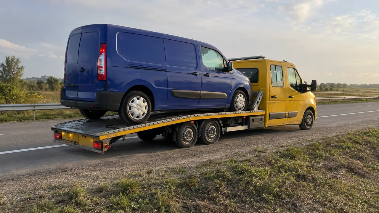 Bus dostawczy na platformie lawety – odholowanie z drogi krajowej pod Pabianicami