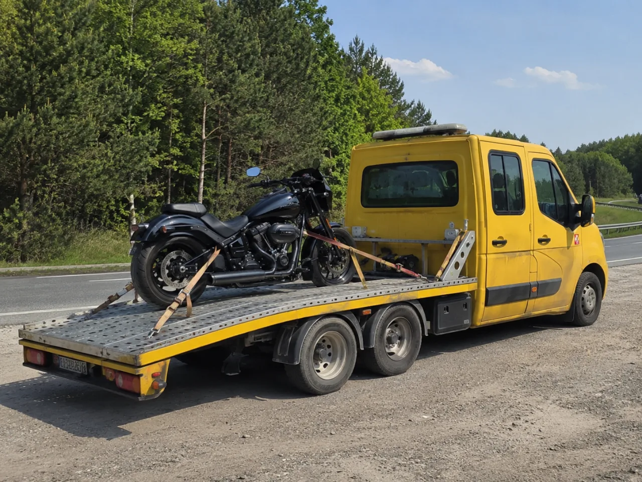 Motocykl zapięty pasami na lawecie w letni dzień – DARO-HOL Pabianice