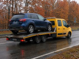 Jesienny przewóz SUV-a wśród mokrych liści – okolice Pabianic