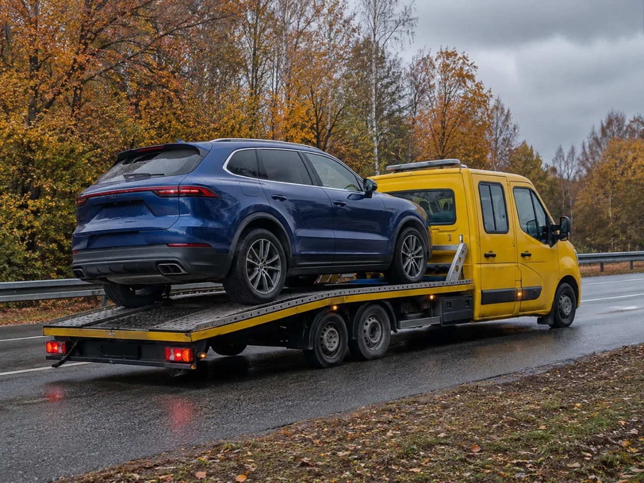 Niebieski SUV załadowany na lawetę przed trasą – transport pojazdów DARO-HOL Pabianice